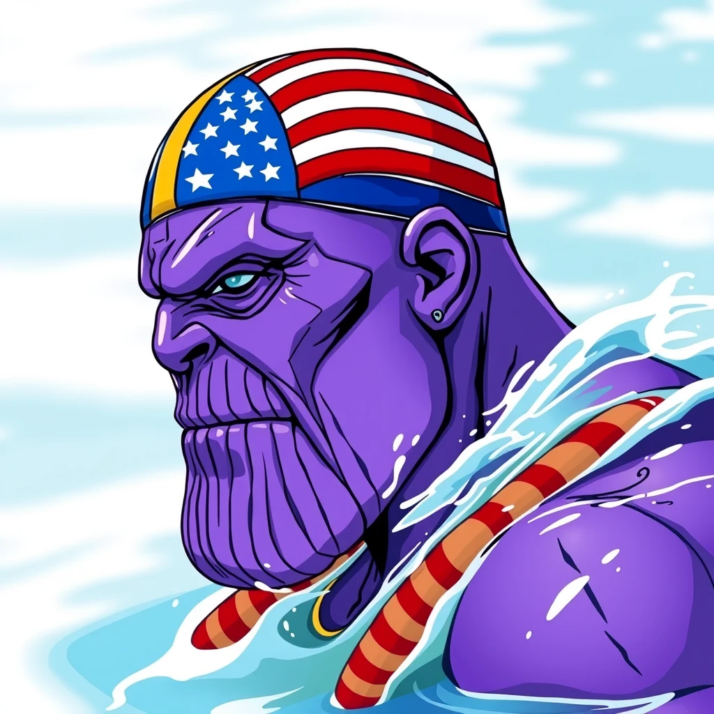 "A purple Thanos swimming, with a swimming cap featuring the American flag."