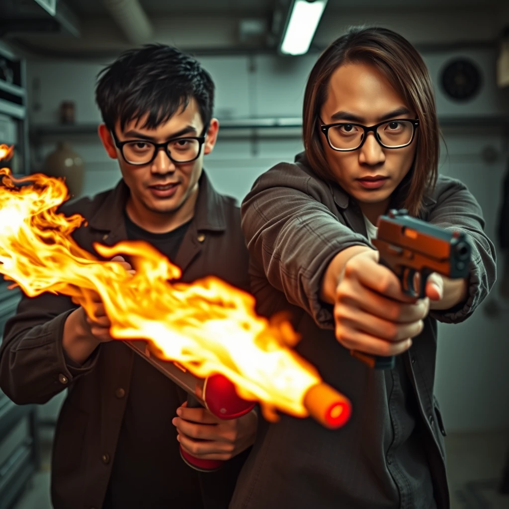 I want a 2 person set. They are two men, both 20 years old, and they look really angry with a murderous intent, set in a garage. The first man is a Caucasian white man; he has black short hair and wears round prescription glasses. In the scene, he's holding a very large fire extinguisher that shoots fire like a flamethrower. The second man is an Asian man; he has a thin long face, mid to long hair with a fringe, and wears square prescription glasses. He's holding a pistol aimed at the screen.