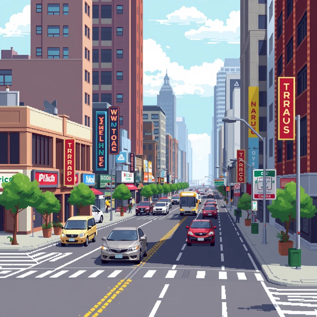 2-bit, urban streets, commercial streets, roads, vehicles, pixel art - Image