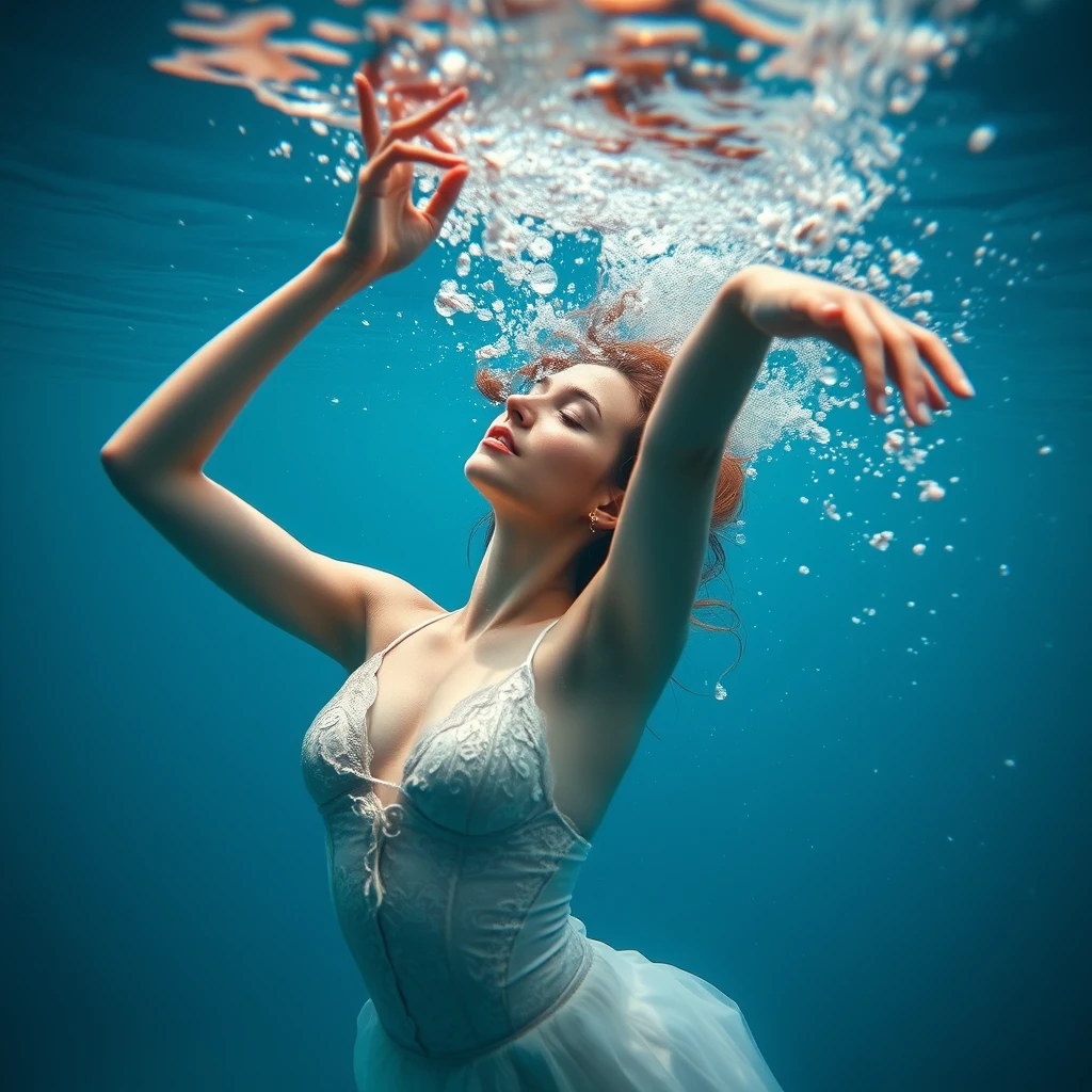 A symbolic photo: A young woman dancing underwater. Life and sensitivity. Perfection. Beauty. Attraction. - Image