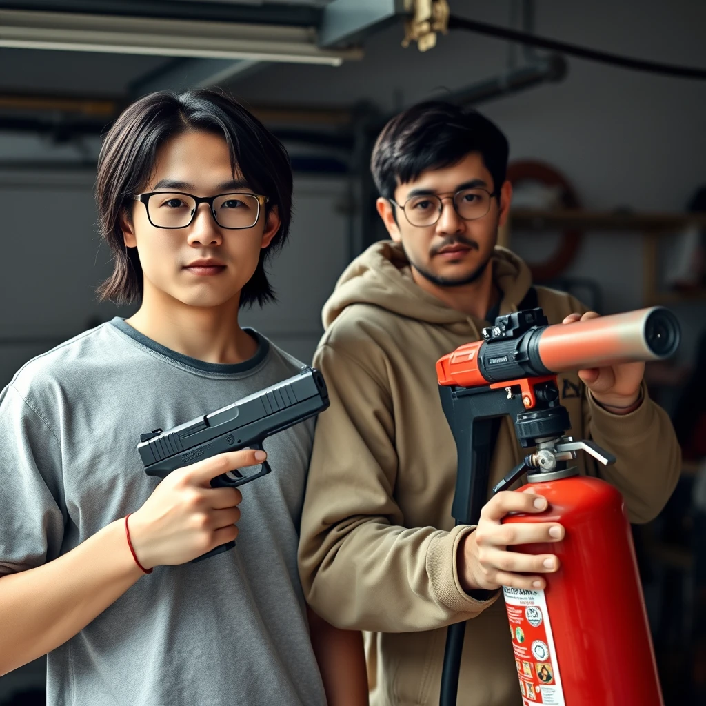 21-year-old white thin northern Chinese man with a square chin, wearing square glasses, mid/long hair, holding a Glock; 21-year-old white Italian man wearing round glasses and short hair holding a very large fire extinguisher flamethrower, garage setting.