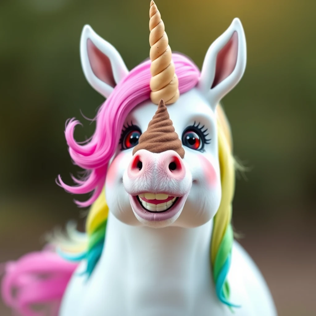 happy unicorn with a poop instead of a horn, smiling, goofy, photorealistic - Image