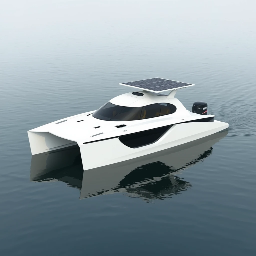 Smart minimalist design of an aerodynamic Catamaran boat with 6 seats, in a calm lake in Kashmir, the platform powered by batteries and thruster pods, with a foldable hard roof carrying solar panels over it.