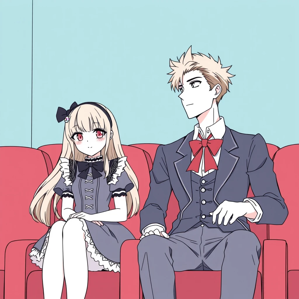 Anime line art, beautiful girl dressed in a Lolita costume and handsome tall boyfriend, sitting in the cinema. - Image