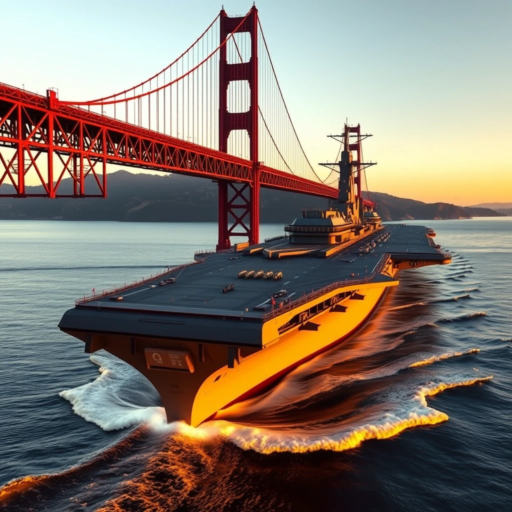 A high quality, photorealistic image of a massive, near-future nuclear aircraft carrier moving under the Golden Gate Bridge into the San Francisco Bay.