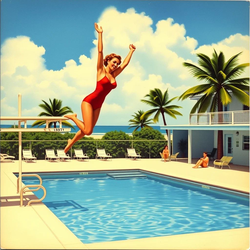 A Miami Beach postcard featuring a woman in a one-piece swimsuit, doing a jack-knife dive from the diving board into a motel swimming pool, from 1956, as painted by Arthur Sarnoff, wide, landscape view.