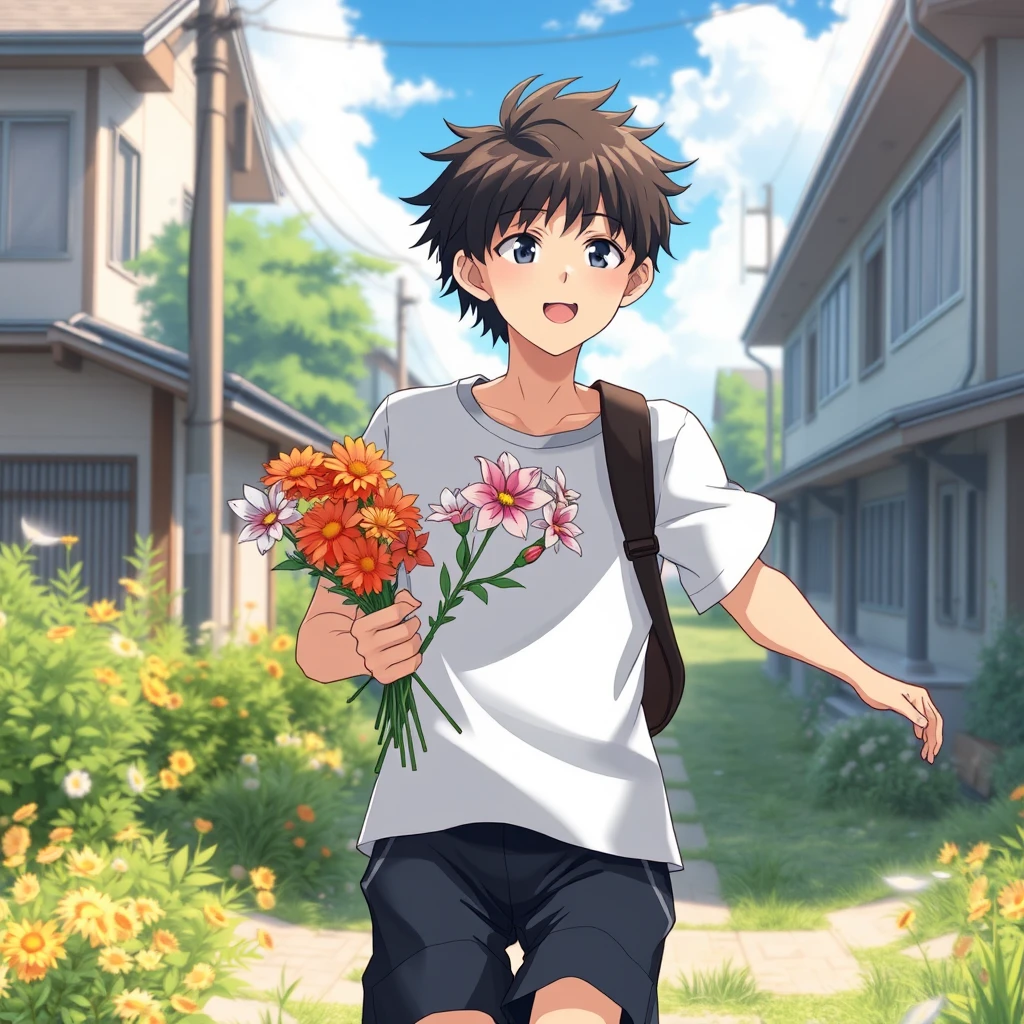 20 years old, holding flowers, running, anime, realistic, Japan, summer, single, boy - Image