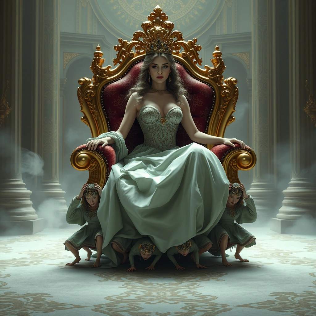 The voluptuous and sensual beautiful queen sits on a luxurious and exquisite throne, which is being carried by four palace maids crawling underneath it. - Image