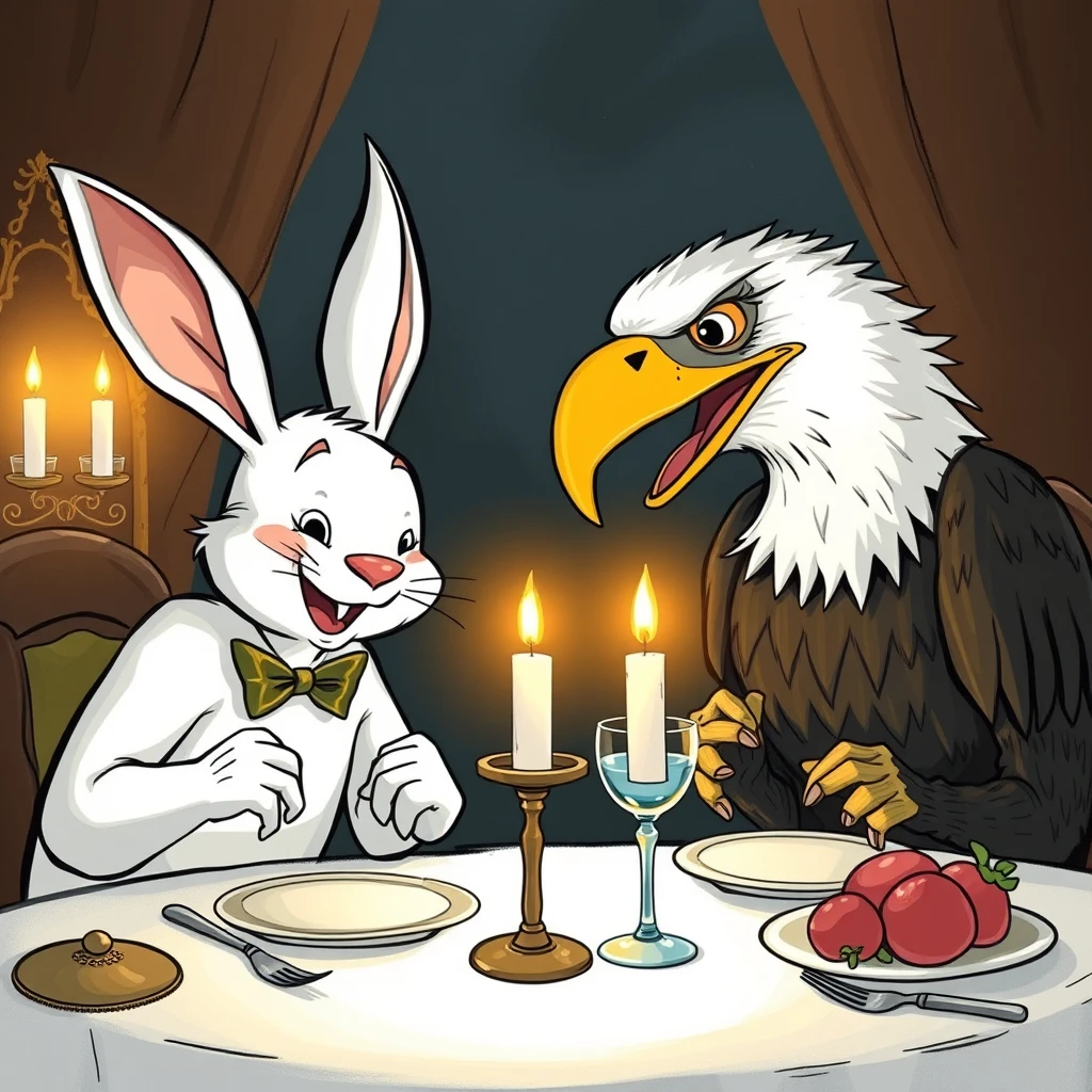 The white rabbit and the eagle are smiling and eating dinner on the candlelit table.