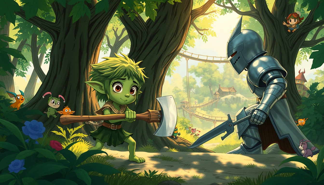 A whimsical forest scene in the style of Studio Ghibli. A petite goblin girl with emerald skin, large expressive eyes, and wild moss-green hair wields a rustic wooden axe. She faces off against a human female knight in shining silver armor. The goblin girl is gaining the upper hand, her movements nimble and determined. Sunlight filters through lush foliage, casting dappled shadows. Colorful forest spirits peek out from behind ancient trees, watching the confrontation with curiosity. The background features a distant treehouse village connected by rope bridges. Soft, earthy color palette with vibrant pops of magic. Flowing linework and ethereal atmosphere typical of Miyazaki's films.