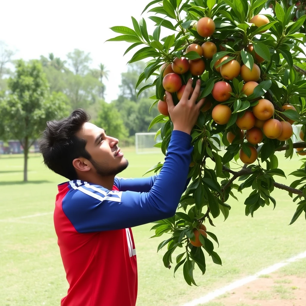 A picture of Lautaro Martinez picking fruits from a tree in the middle of a soccer field. - Image