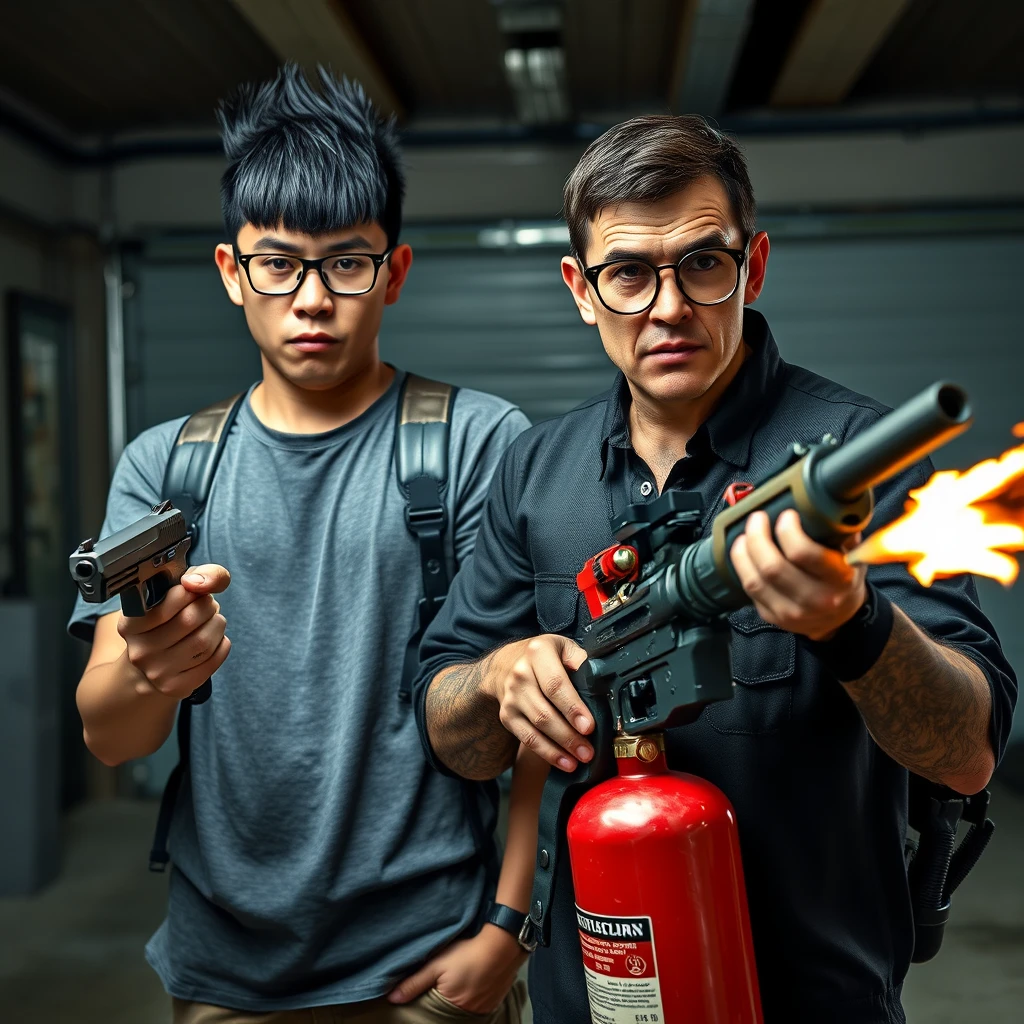 21-year-old white Chinese man with square glasses, long black fringe mullet, holding a pistol; 21-year-old white Italian man with round prescription glasses and short hair holding a very large fire extinguisher flamethrower, garage setting, both angry.