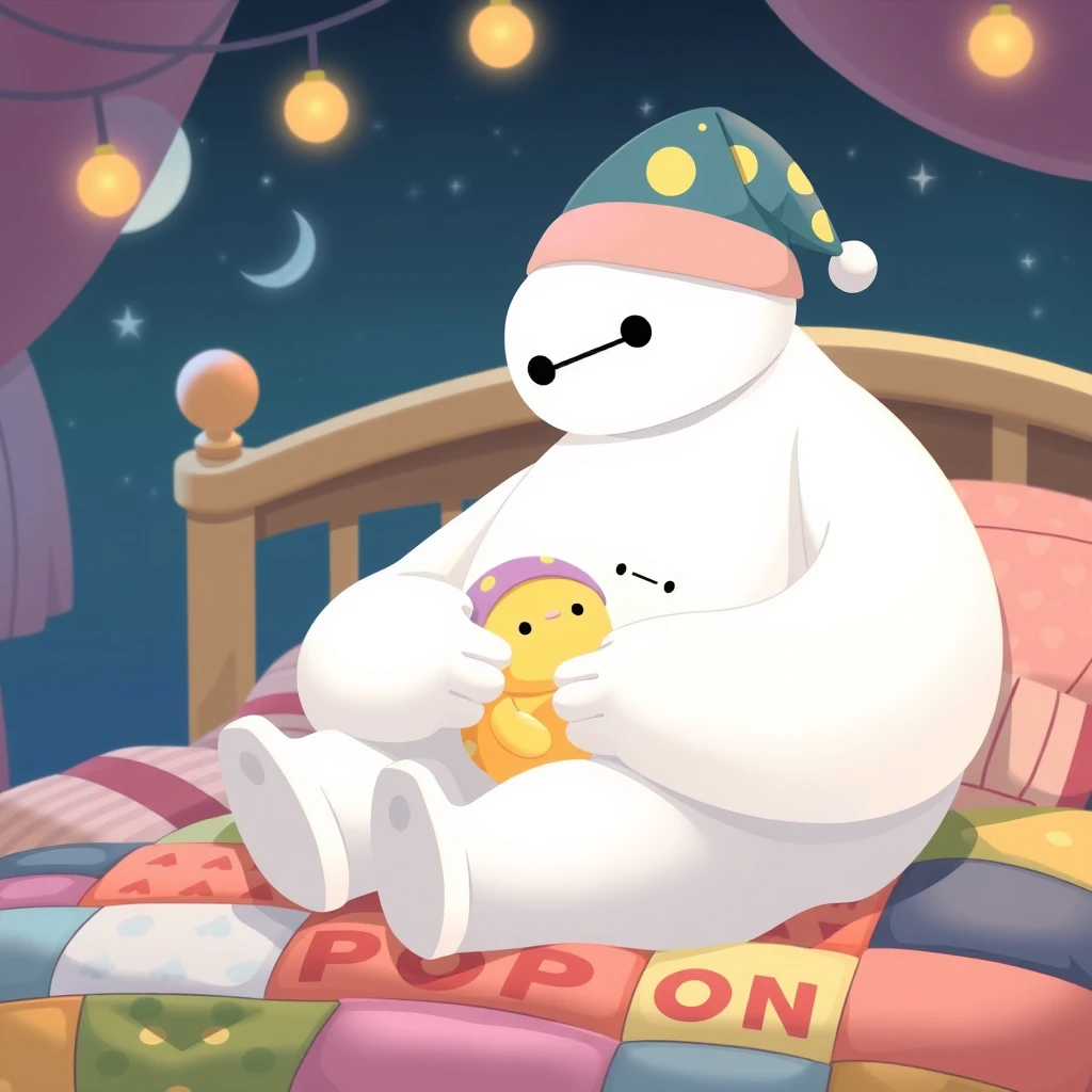 Baymax at night with a colored nightcap, cuddling and rocking a cute tiny yellow kawaii hatchling with a nightcap in the biggest fantastic cute kawaii bed in the world with the word POPON sewn on the patchworked padding.