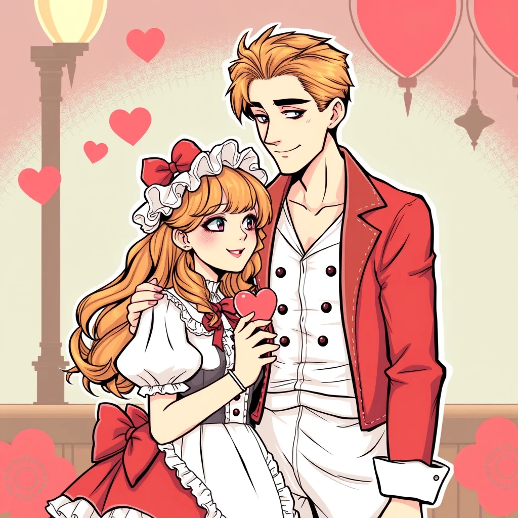 Beautiful girl dressed in a Lolita costume and handsome tall boyfriend are dating, comic lineart. - Image