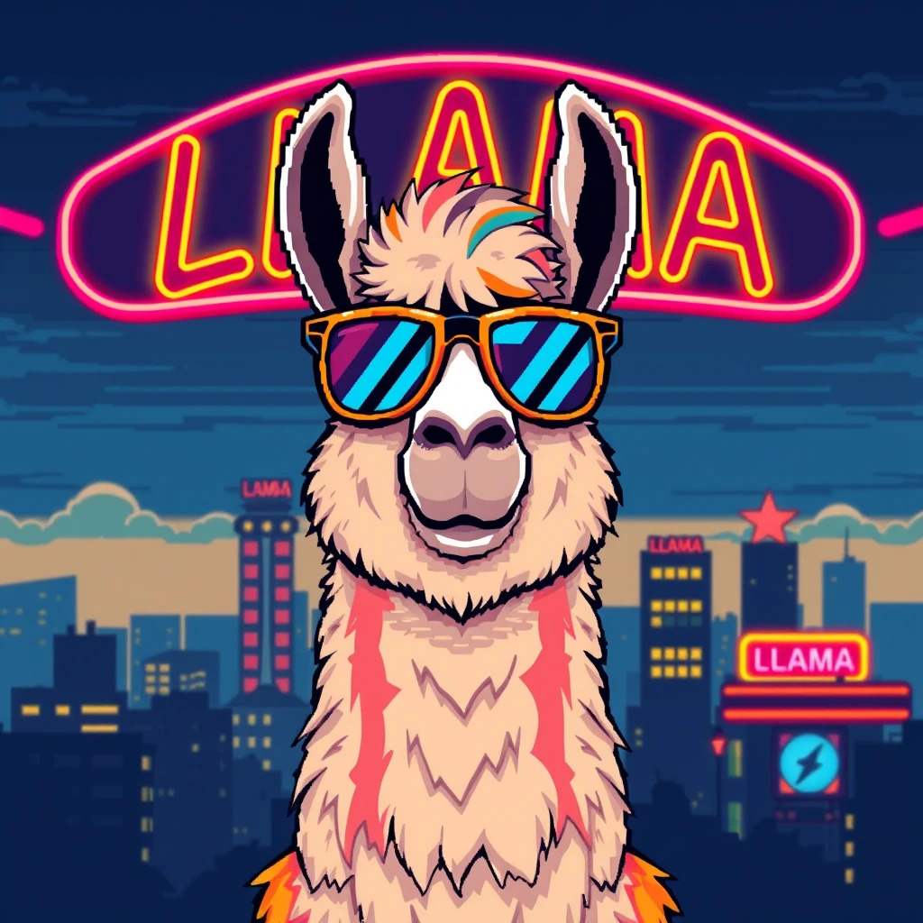 A fun and vibrant pixel art illustration of a hipster llama wearing retro sunglasses and sporting rainbow colors. The llama, looking cool and confident, gazes directly at the camera with a playful demeanor. The retro-style background features a cityscape with a neon sign displaying the word "LLAMA" in bold, eye-catching typography. The overall scene exudes a charming, nostalgic, and whimsical atmosphere.