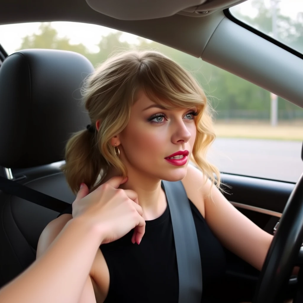 A Taylor Swift driving a car. A hand holding her neck.