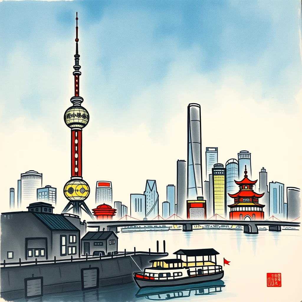 Chinese color ink painting in Wuguanzhong style, depicting Shanghai Oriental TV Tower and the Bund.