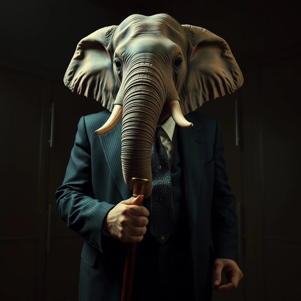 A large elephant man in a suit holding a cane with the feeling of a mob boss in a dark room.