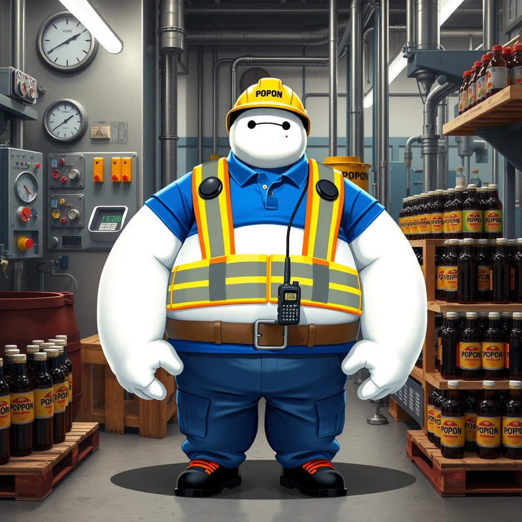 Baymax in a beer bottling plant surrounded by machinery, a barrel, gauges, measuring instruments, pallets, beer bottles, dressed in a blue polo shirt that covers his entire torso, safety gear, a reflective vest, safety shoes, a walkie-talkie, protective glasses, blue cargo pants, and a yellow helmet that has the word POPON written on it. The clothing has POPON written on it. - Image