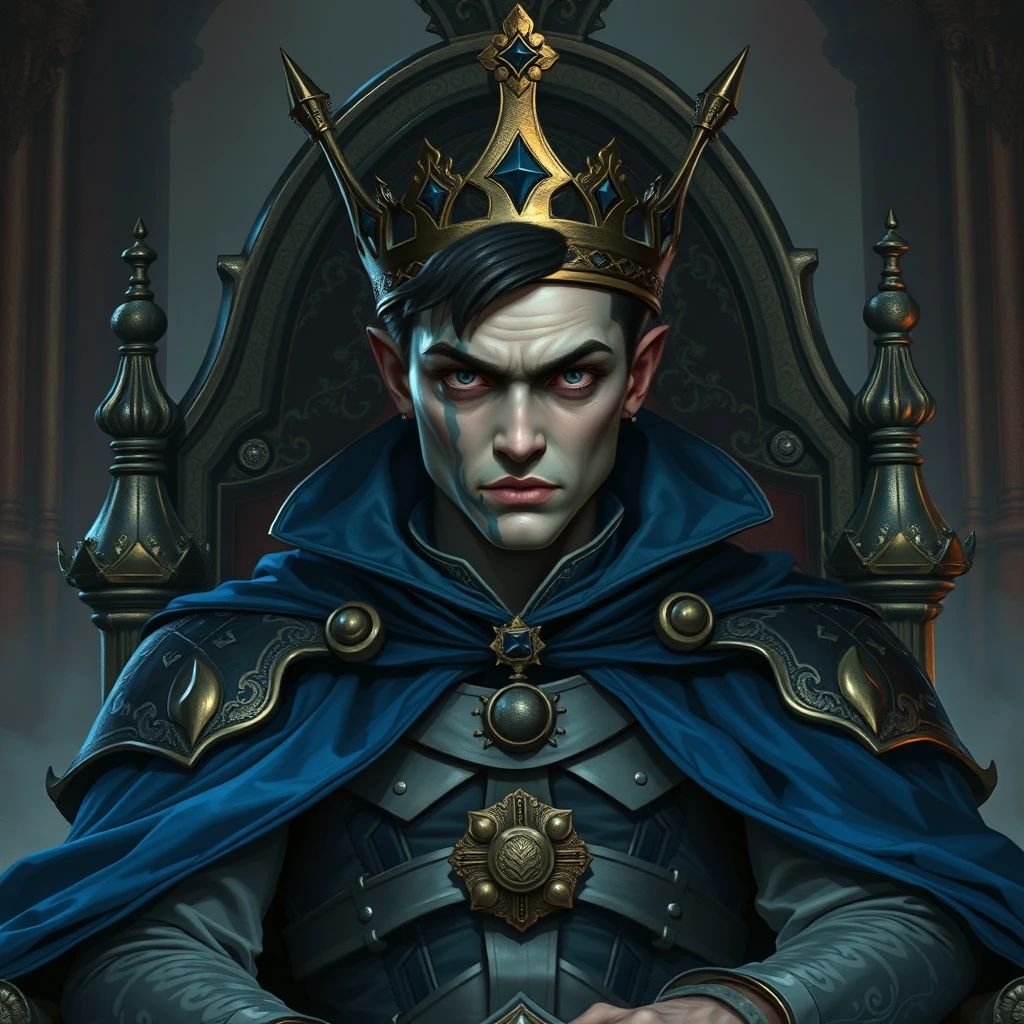 A sickly looking secretly evil young adult human king on a throne with a blue cape. - Image