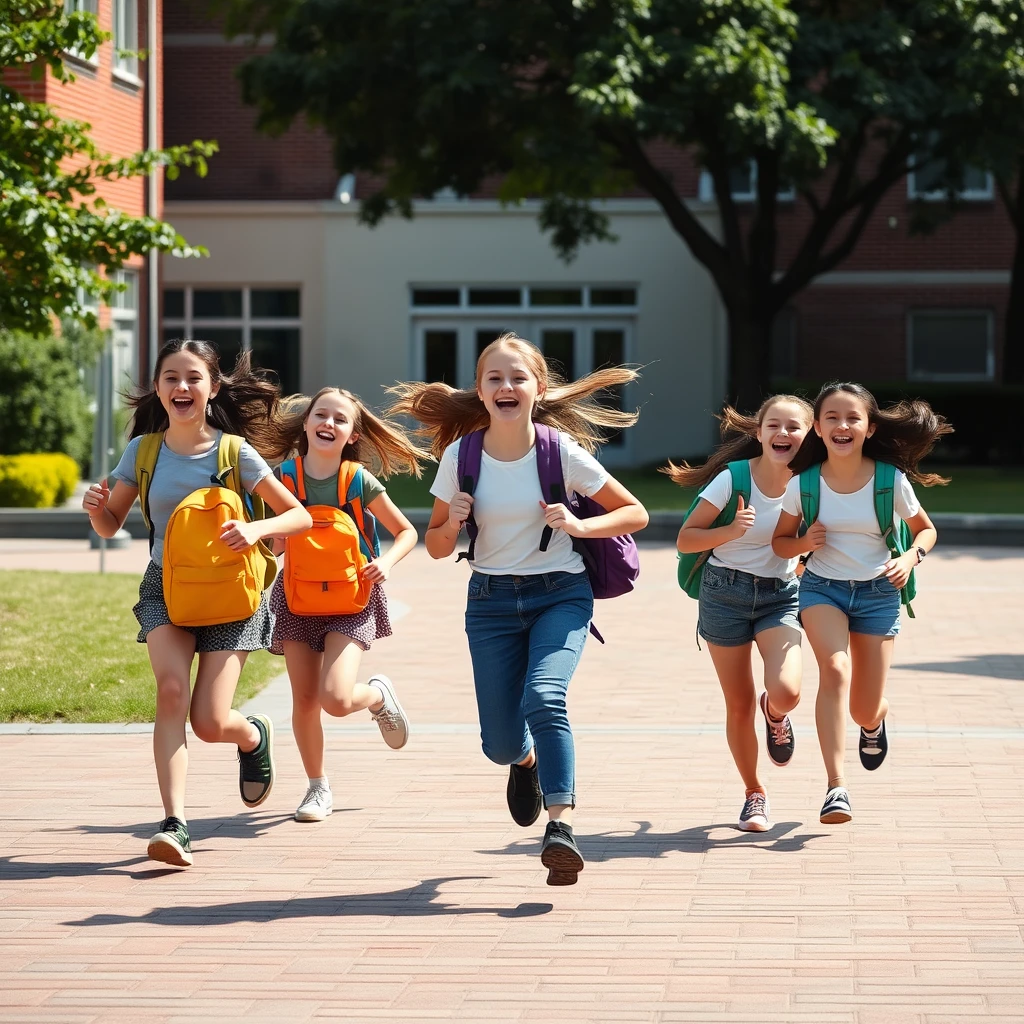 Create a photo of a group of 14-year-old girls joyfully running across the schoolyard in the summer because the holidays are starting. They are wearing school backpacks and cheering. - Image