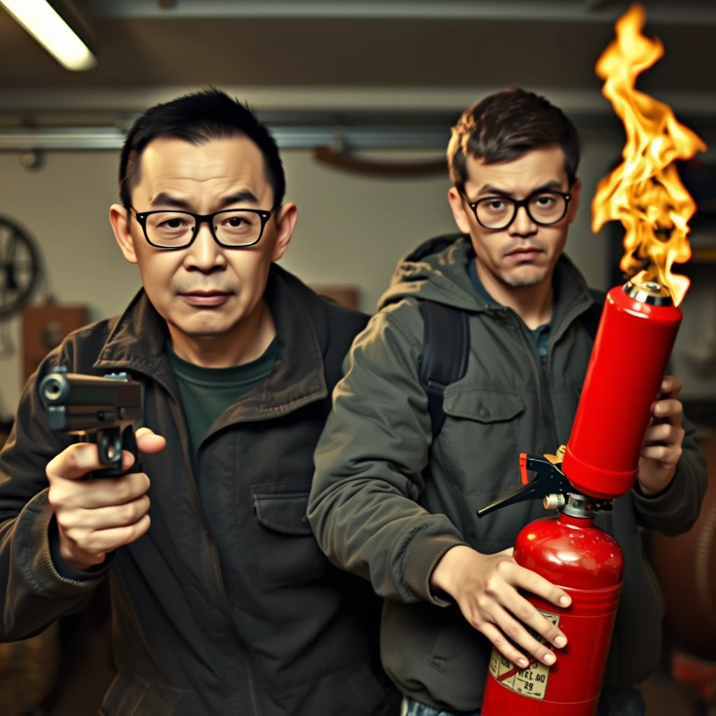 21-year-old white thin long-faced northern Chinese man with a square chin, wearing square glasses, holding a pistol; 21-year-old white Italian man wearing round glasses and short hair holding a very large fire extinguisher flamethrower; garage setting; both angry.