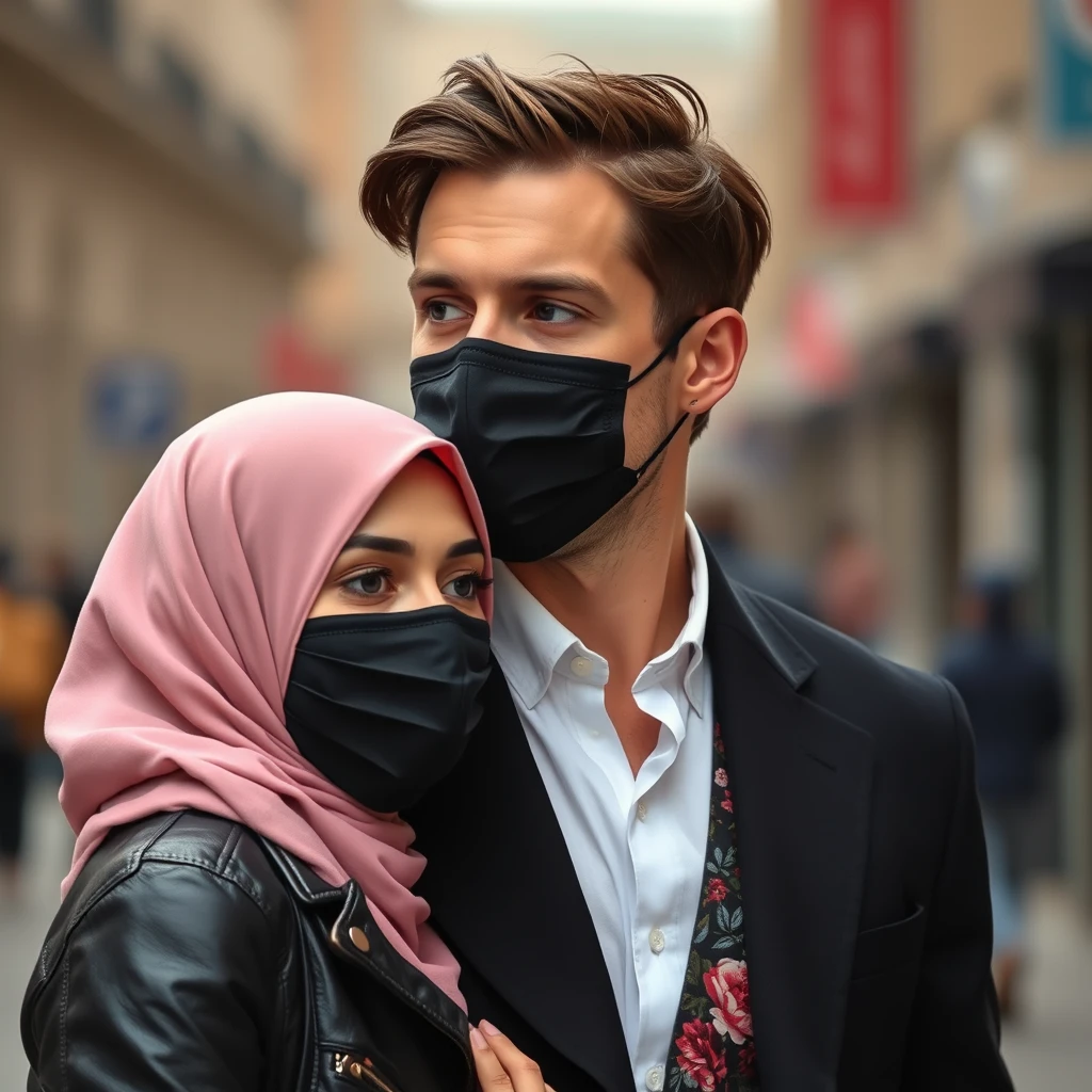 Jamie Dornan's head and body shot, handsome, young, black face mask, half button white shirt, black coat suit, dating love with the biggest soft pink hijab girl, beautiful eyes, black leather jacket, black face mask, biggest floral skirt, hyper realistic, street photography.