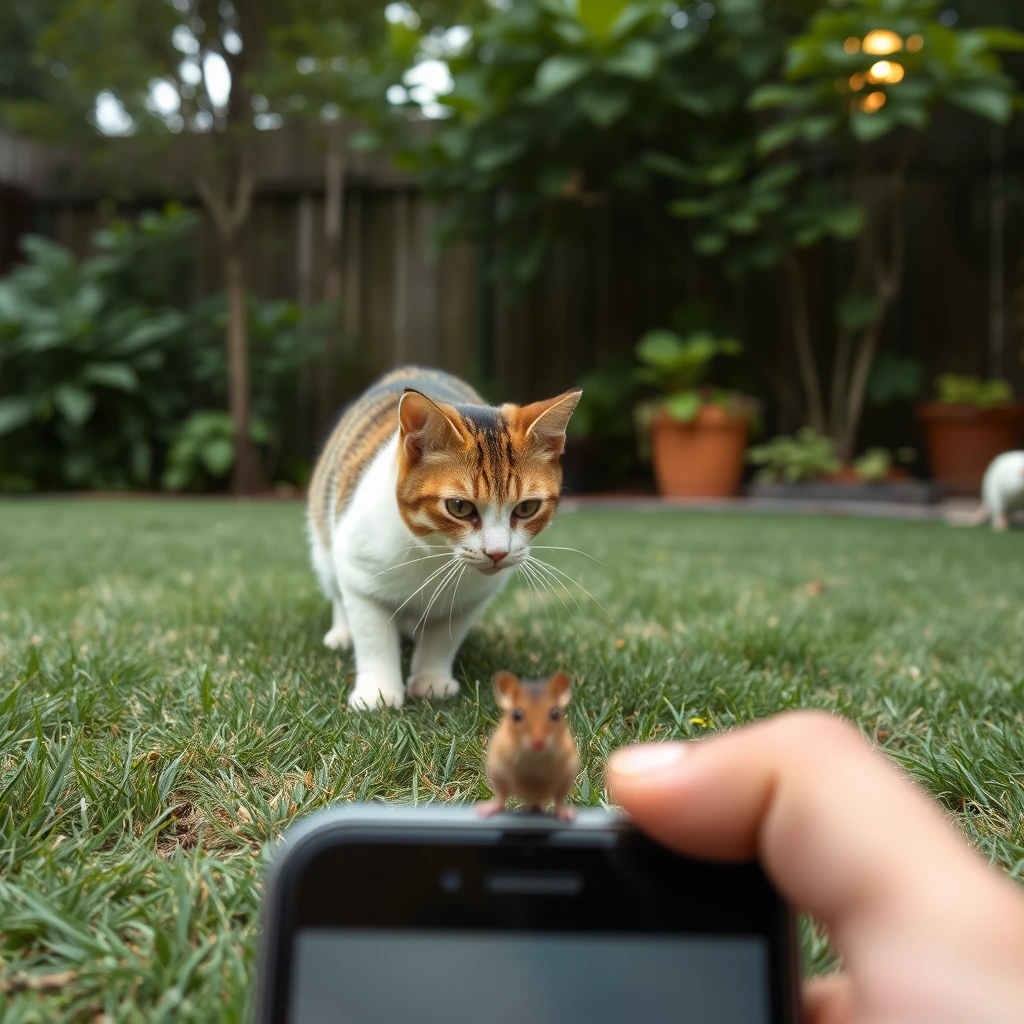 A cat is playing a mouse on the back yard from a iphone perspective. - Image