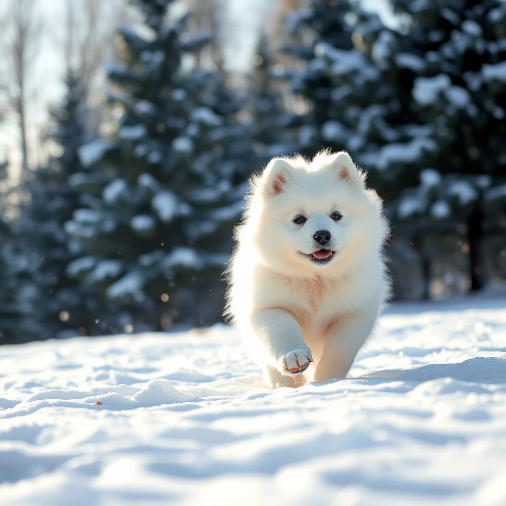 A fluffy Samoyed puppy frolicking in a snowy landscape, the puppy's white fur contrasting with the stark white snow, pine trees dusted with snow in the background, a quiet, serene winter day, hyperrealistic style with attention to individual hairs and snowflakes, shot with a Canon EOS R5, using a telephoto lens to capture the dog from a distance, backlit by soft winter sunlight, reminiscent of the work by Rinko Kawauchi, --ar 1:1 --v 5