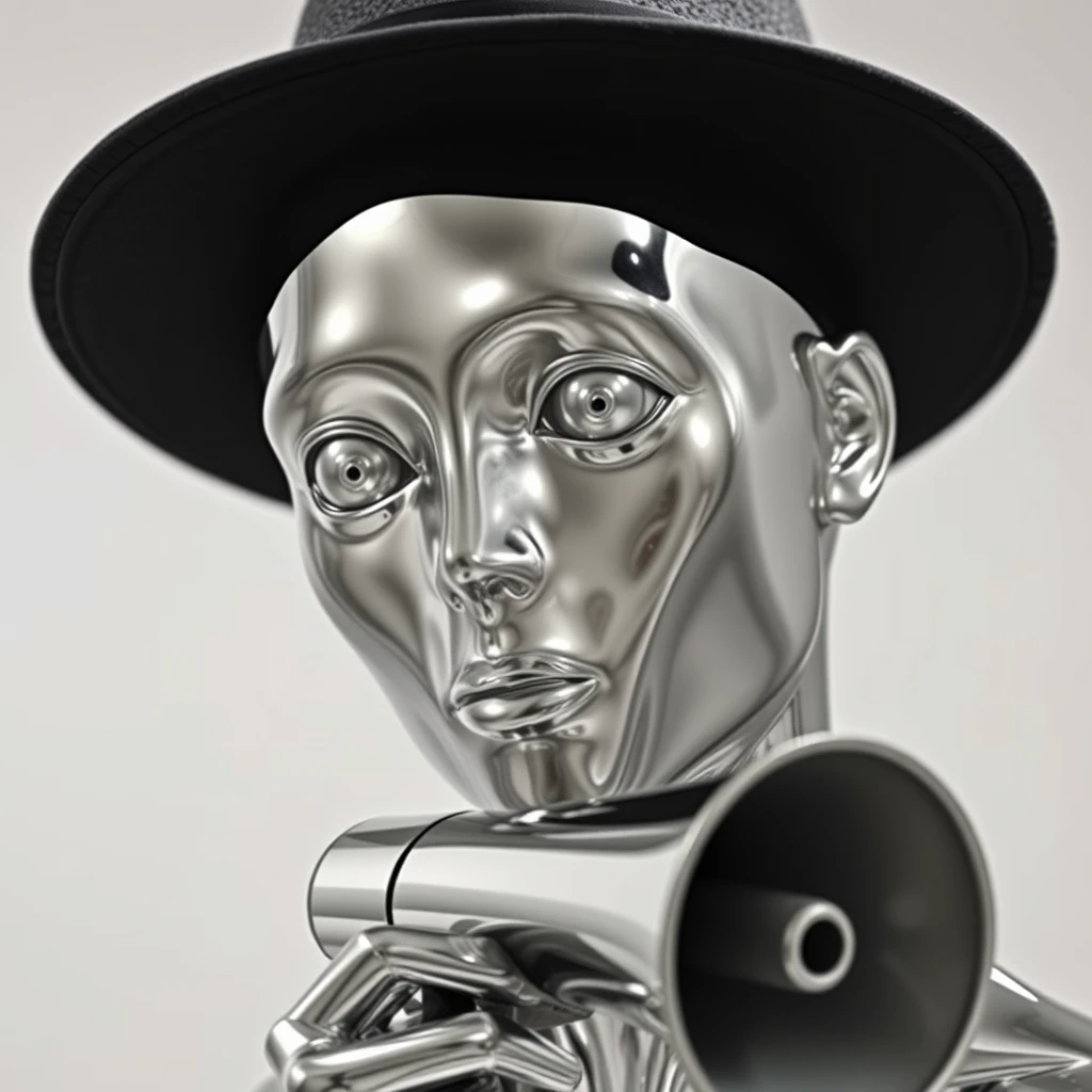 A mystical reflective chrome-skinned mannequin with an oil slick color, lacking facial features, has large empty silver eyes. It is wearing a fedora and holding a fake megaphone.