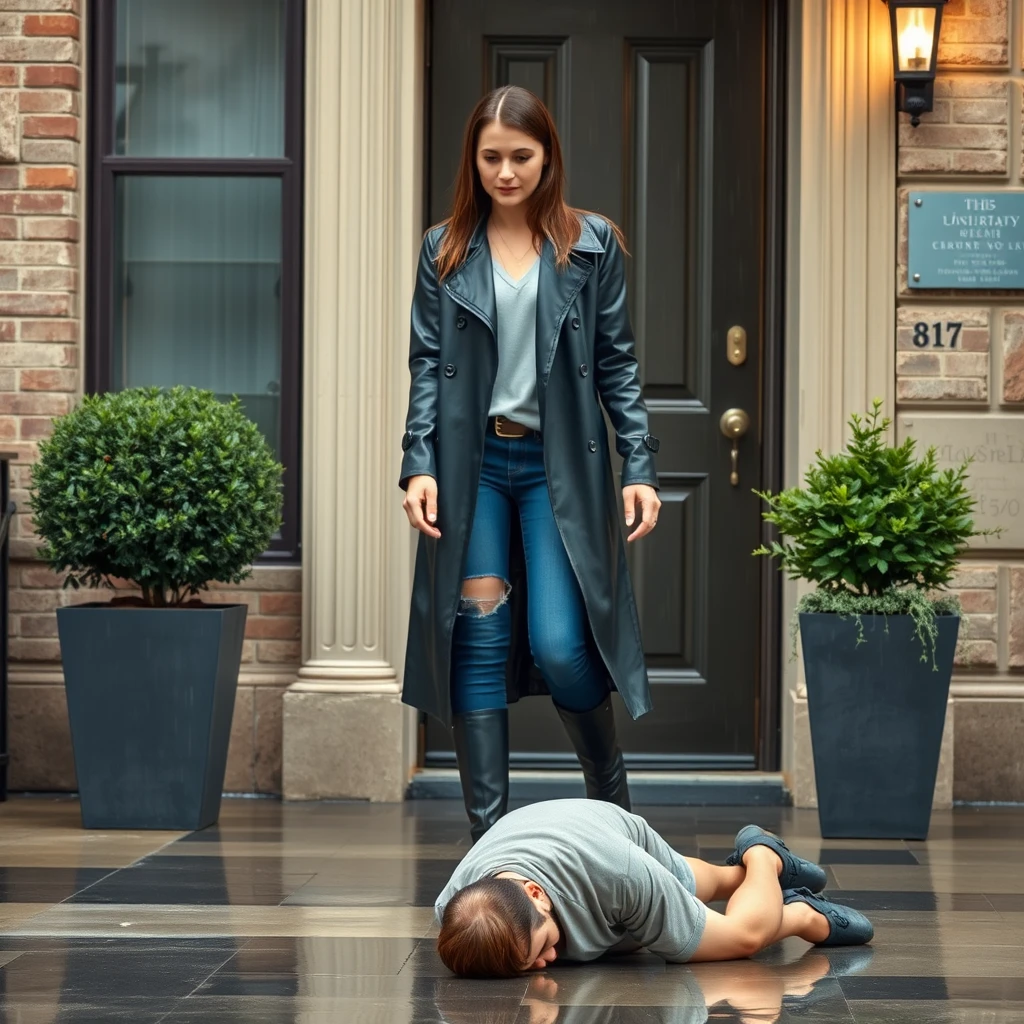 A confident, young brunette in tight blue jeans, a long black leather trench coat, and leather knee-high boots with a short heel is arriving at her apartment building in rainy weather. A young man dressed in a plain t-shirt and shorts is kneeling on the ground in front of her, with his forehead on the ground directly in front of her boots. DSLR photo.