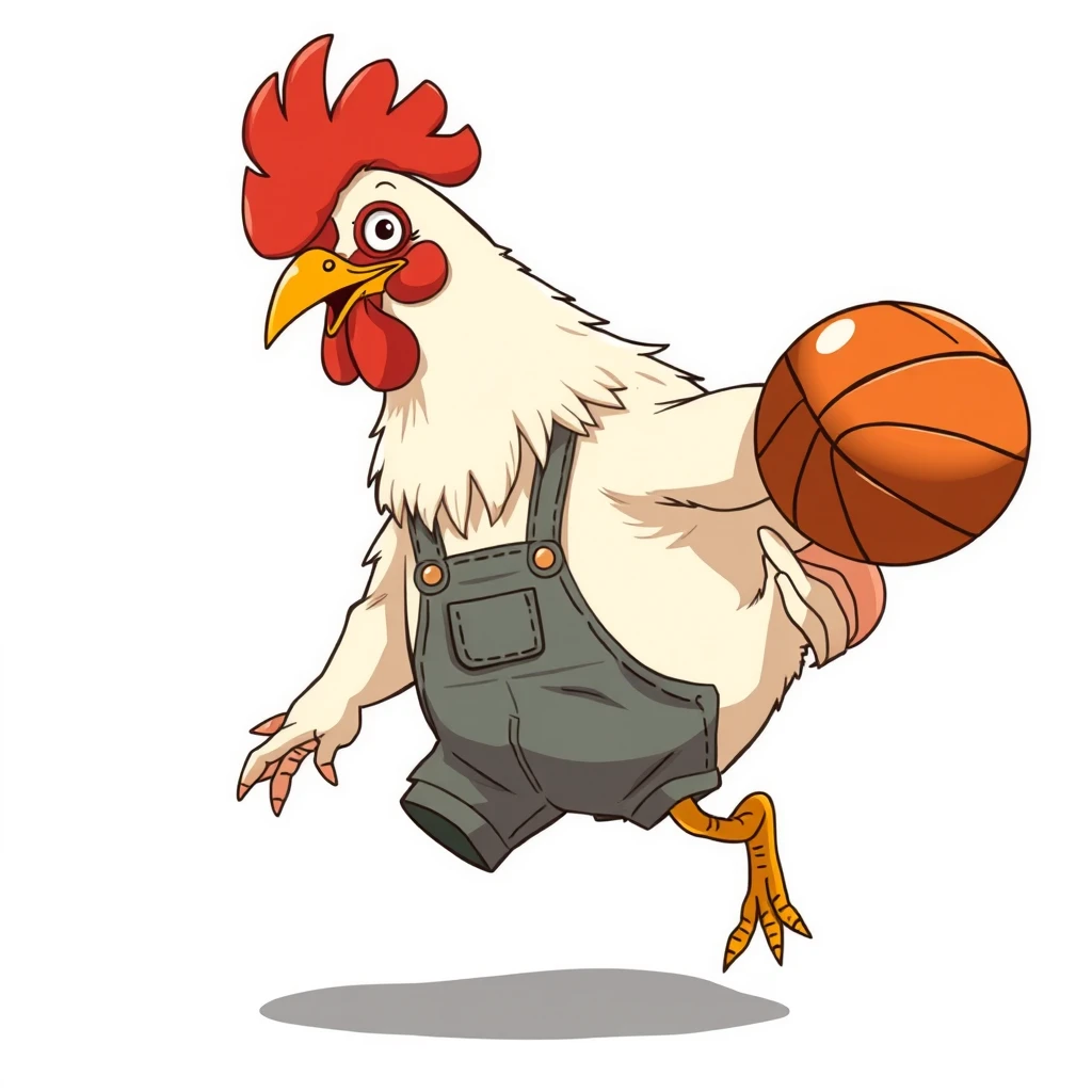 A chicken wearing overalls and with a center-parted hairstyle is playing basketball, in an anime style, anthropomorphized, exaggerated.