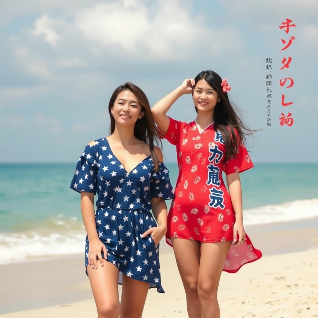 On the beach, there is an American beauty and a Japanese beauty, with Chinese characters and Japanese language. Note that you must be able to see the beauty's whole body, including her legs. - Image