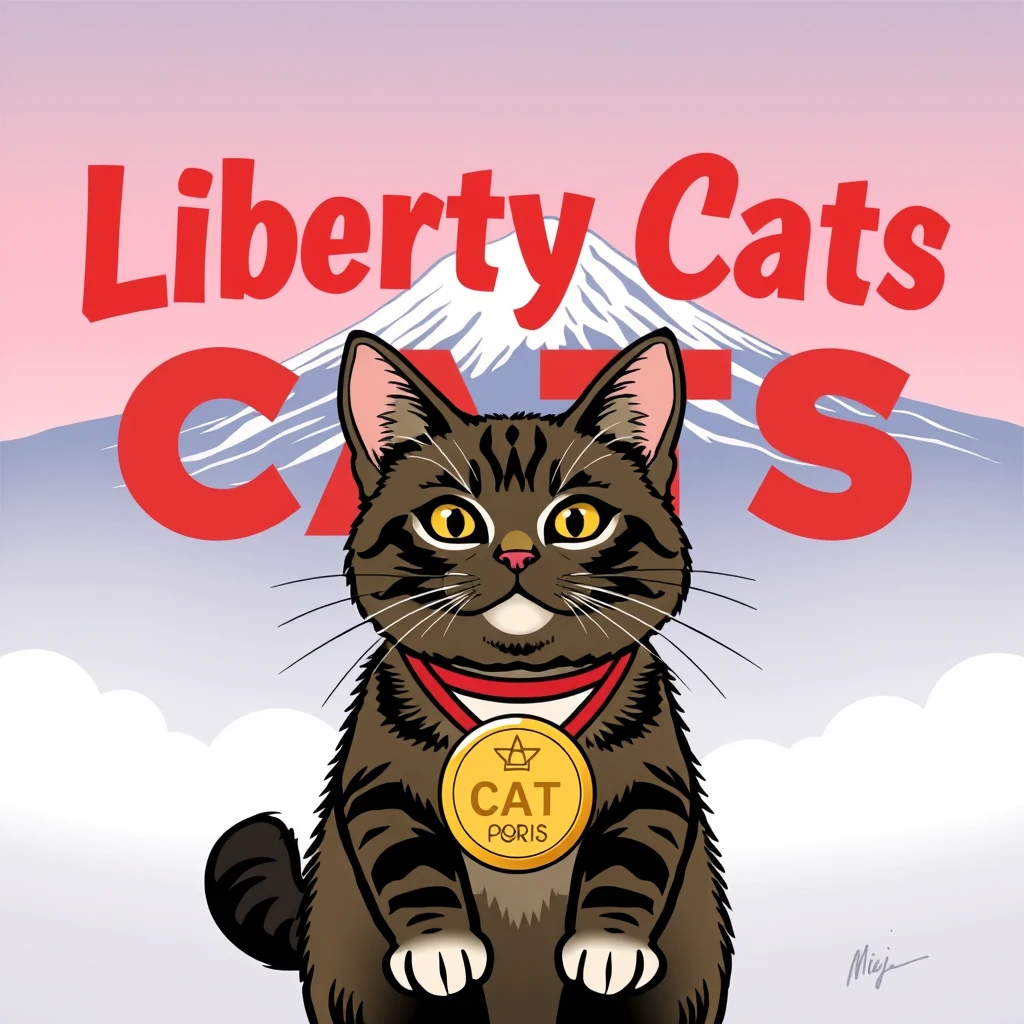 draw a pic with "Liberty Cats" big text and Mount Fuji backgroud,AND a cat with infront it , carring a Paris Olympic gold medal  - Image