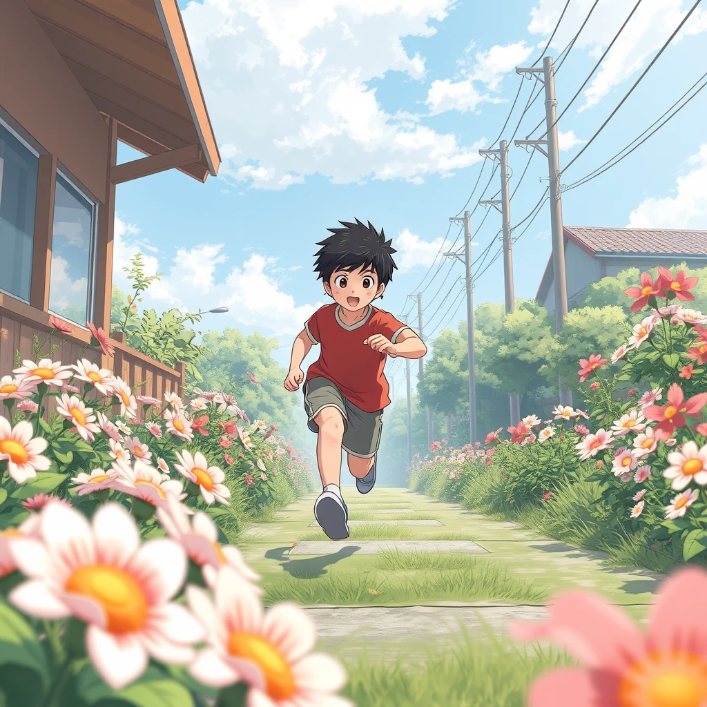 Youth, flowers, running, animation, realism, Japan, summer, a person, boys