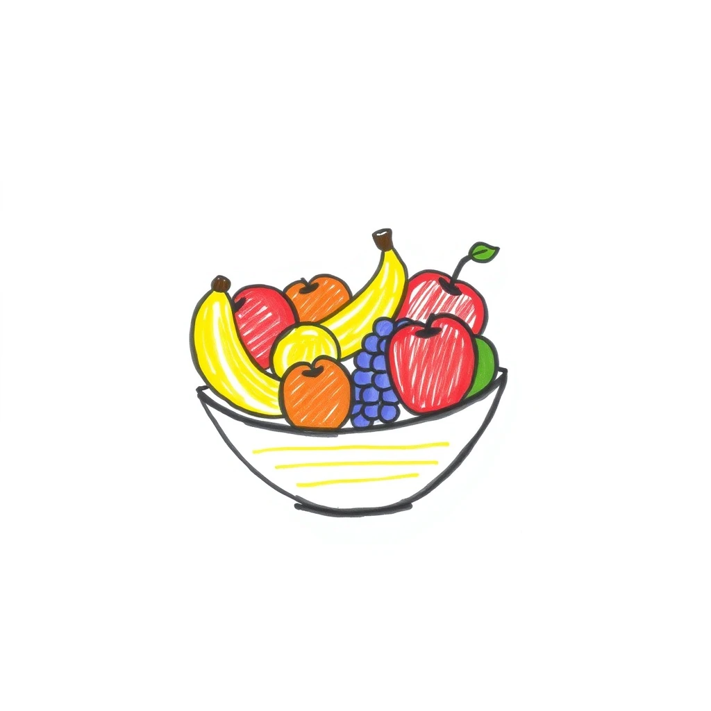 A simple child-like drawing of a bowl filled with fruit, set against a white background. The illustration features thick, crayon-like lines and minimal colors to mimic a drawing created by a child. The bowl contains a variety of recognizable fruits like apples, bananas, and grapes. The style is playful and simplistic, capturing the essence of a child's drawing with a focus on simplicity and a limited color palette.