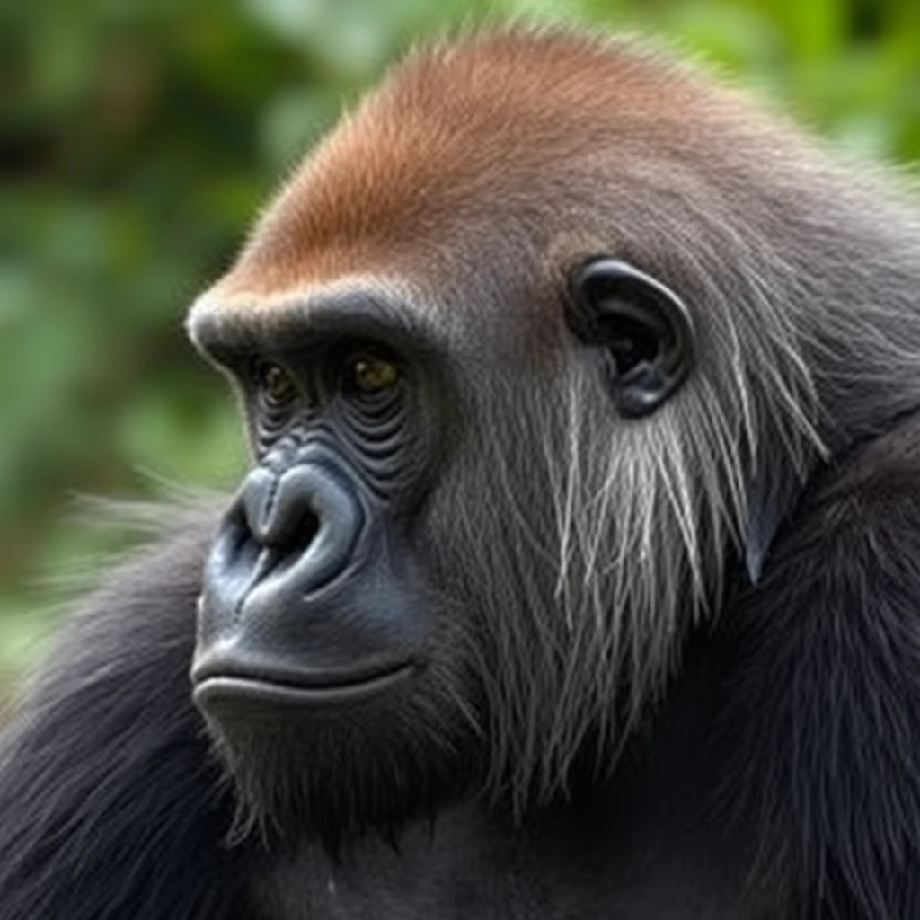 Gorilla, human haircut, on the side of the head shaved.