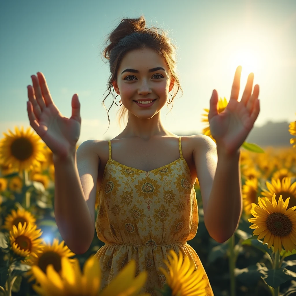 beautiful young woman in sun dress holding her hands out to the sun in a sunflower field, macro lens, highly detailed, shallow depth of field, digital painting, trending artstation, concept art, illustration, cinematic lighting, vibrant colors, photorealism, epic, octane render - Image