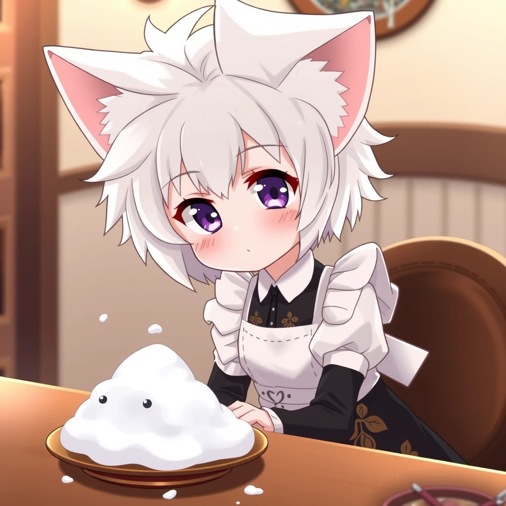 Cute anime girl with massive fluffy fennec ears and a big fluffy tail, white messy short hair, purple eyes, wearing a maid outfit with a long black dress featuring a gold leaf pattern and a white apron, sitting at the table. On the table is a mountain of snow. - Image