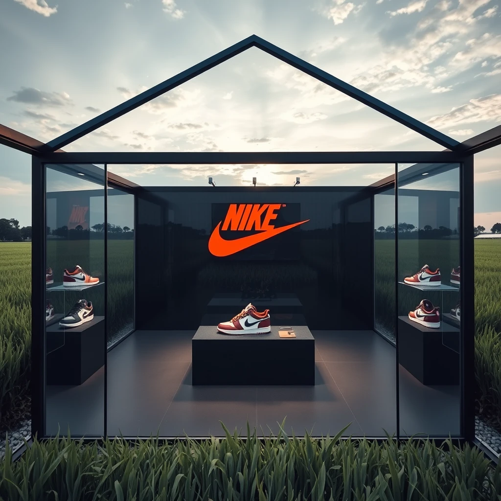 Modern Nike shoe showcase, in a modern glass room, placed in the center of a rice field in Cianjur. - Image