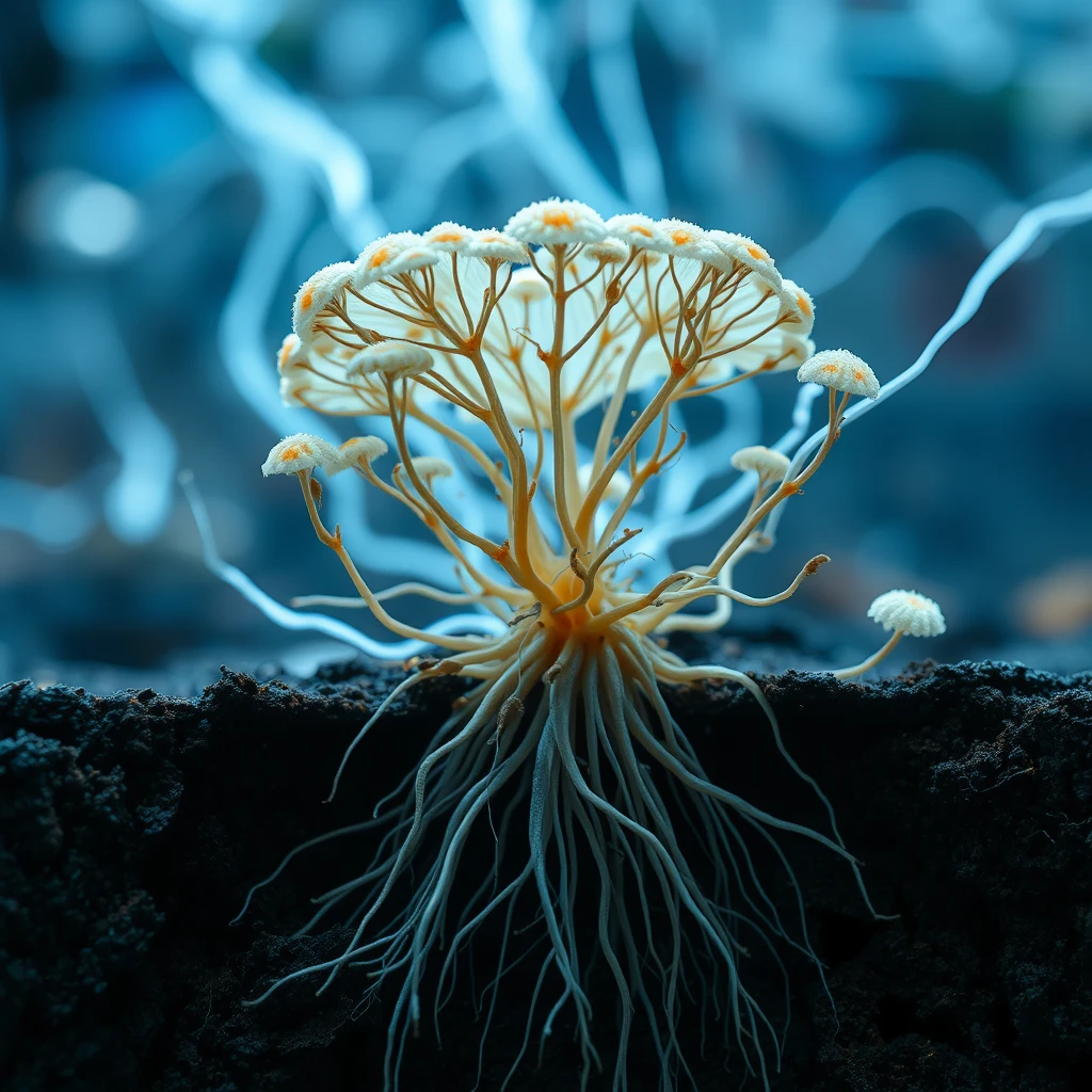 mycelium roots smoothly transitioning into the electrical circuit schema - Image