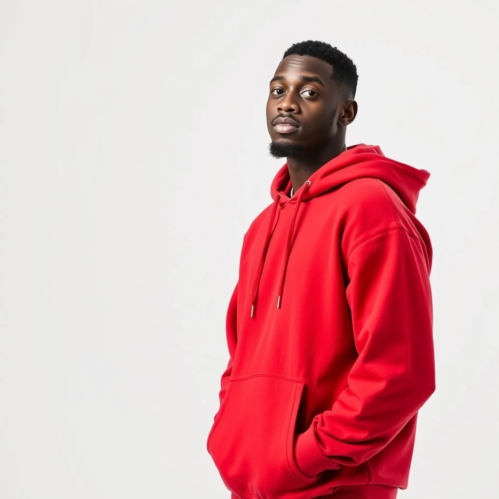 Marques Brownlee standing in a white background wearing a red hoodie.