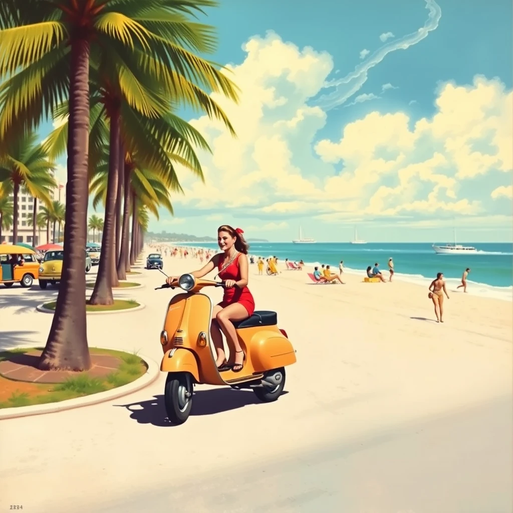 A Miami Beach postcard featuring a couple riding 2 scooters from 1956, as painted by Arthur Sarnoff, wide, landscape view.