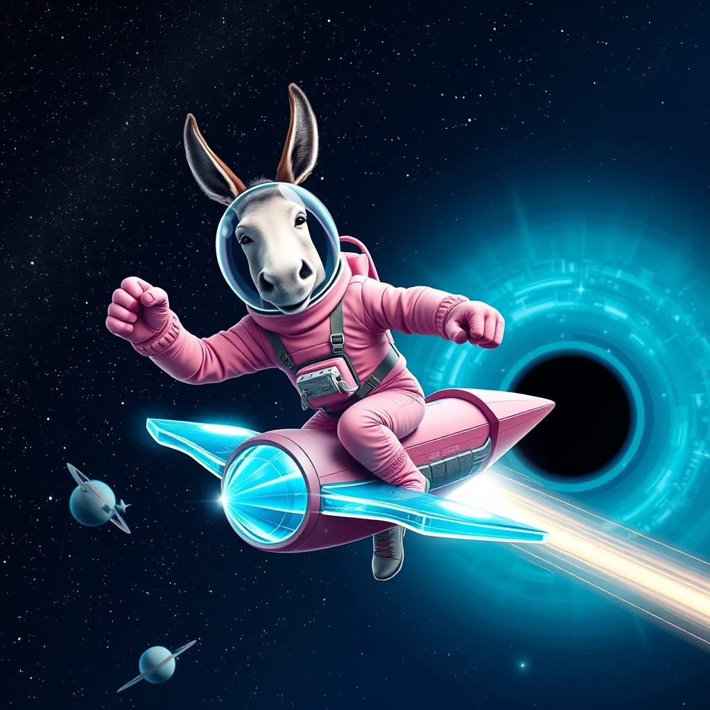 An ambitious donkey wearing pink astronaut costume, riding on a crystal light cyan stunning spaceship, making a punching gesture, flying to the outerspace under a clear night sky with lots of shining stars, passing by a huge black-hole. Realistic style. - Image