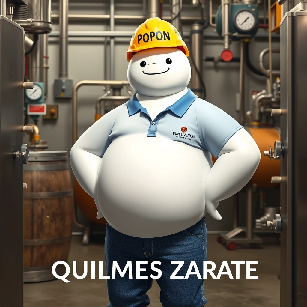 Baymax in a beer bottling facility surrounded by machinery, a barrel, gauges, dressed in a blue polo shirt, the logo of the international company Bureau Veritas, blue jeans, and wearing a yellow helmet with the word POPON written on it, and below in the photo the caption in beautiful letters QUILMES ZARATE.