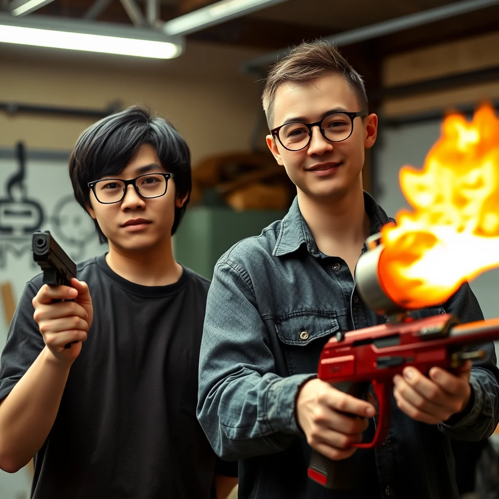 A 21-year-old white Chinese man with square glasses and medium-to-long length hair is holding a pistol; a 20-year-old young white Italian man with round prescription glasses and short hair is holding a red antique flamethrower, in a garage setting. - Image