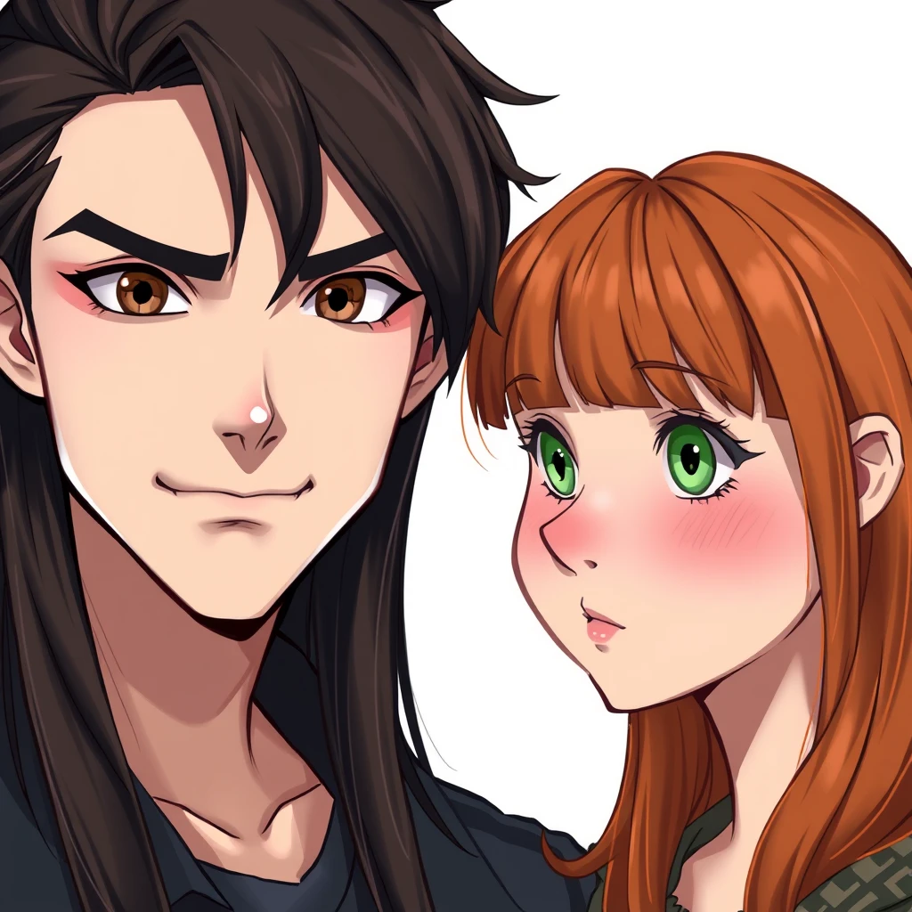 Realistic art style, young guy, long dark brown hair parted in the middle, sharp facial features, smirk, pale skin, light brown eyes, thick eyebrows, long eyelashes next to a cute, petite ginger girl with a small nose, pink lips, green eyes, and long bangs.