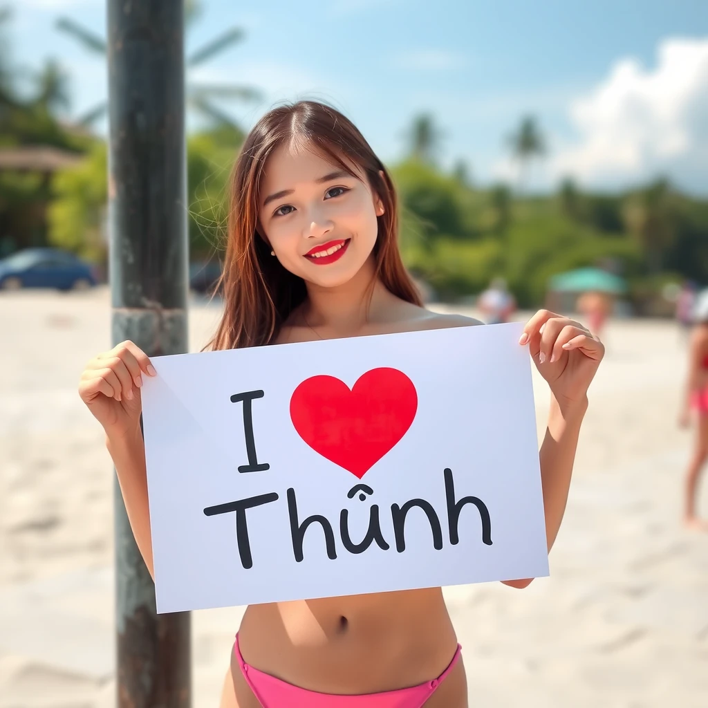 A young woman in a bikini holding a sign with the text "I love Thịnh". - Image