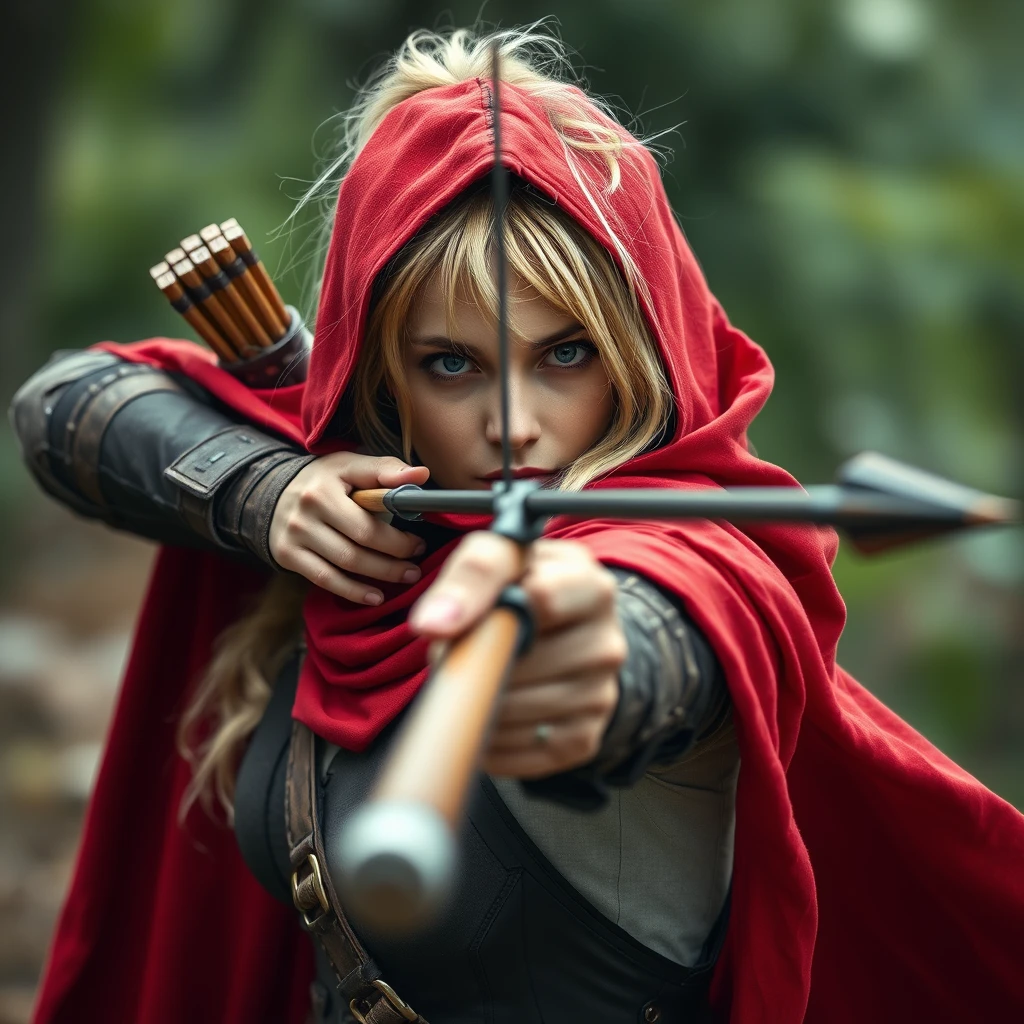 Photorealistic from the front: Blonde fantasy heroine with a red cloak aiming with a bow and arrow into the distance. - Image