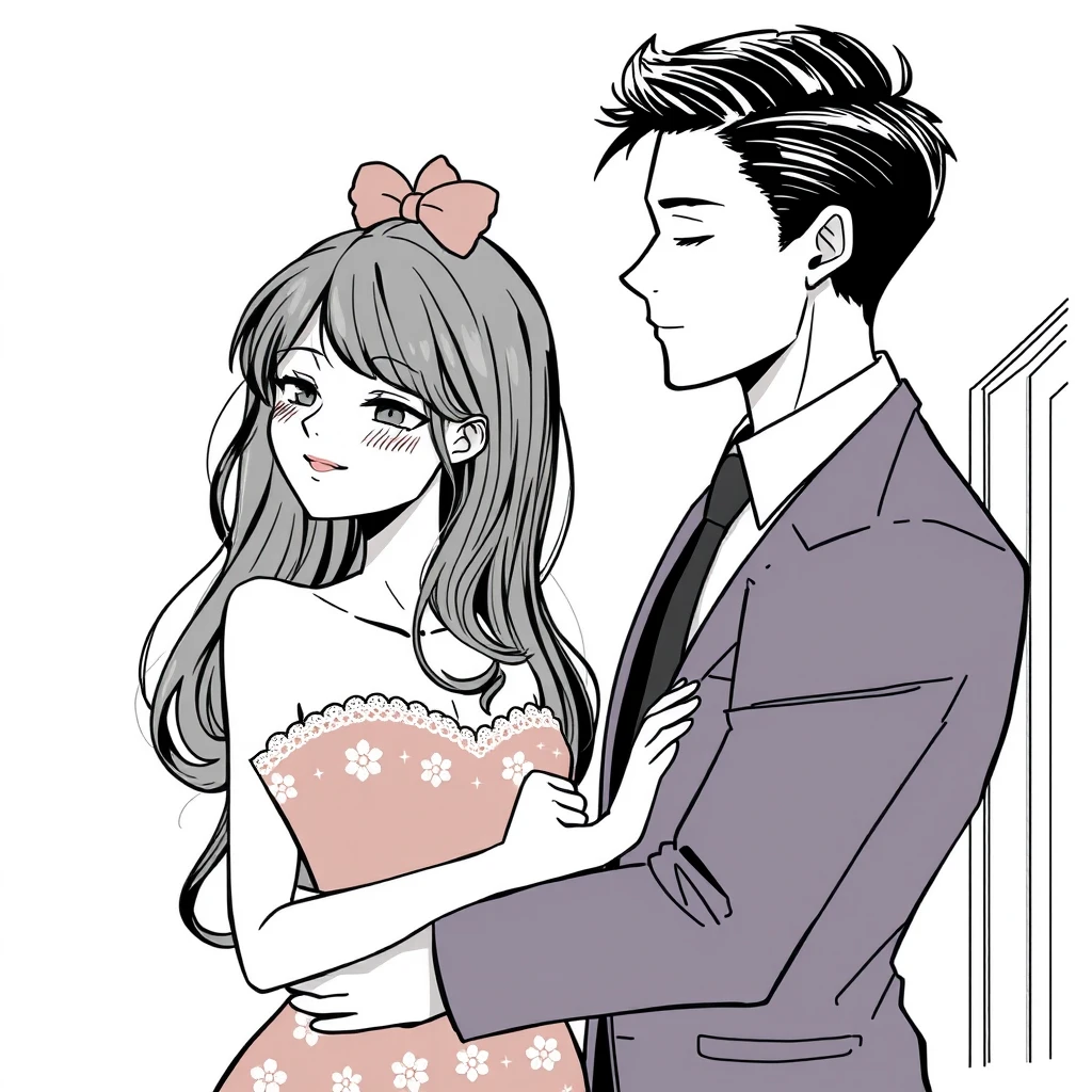 couple, hug, comic lineart, daily life, lolita dress, formal suit, tall and handsome - Image